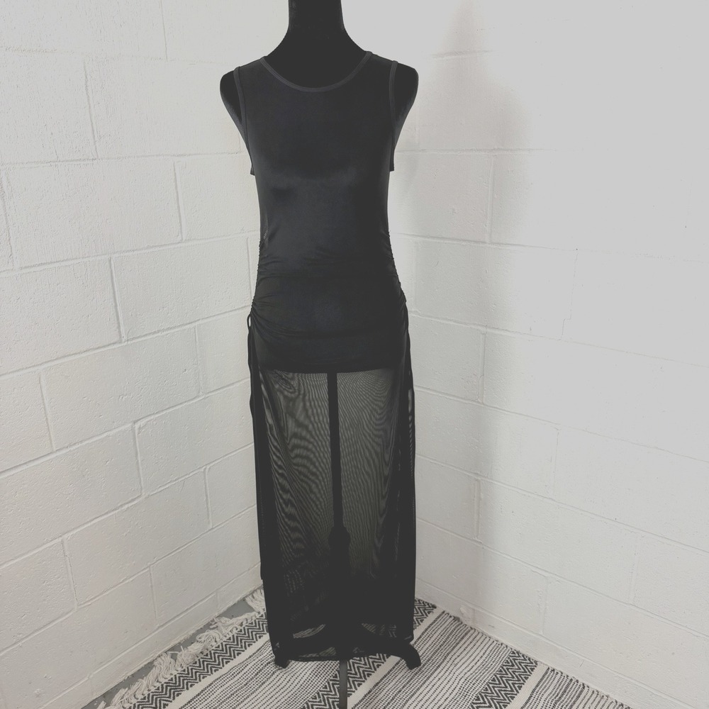Black Sheer Maxi Beach Coverup Layers Cinched Slits Whimsigoth Dark Fairy Vamp S
